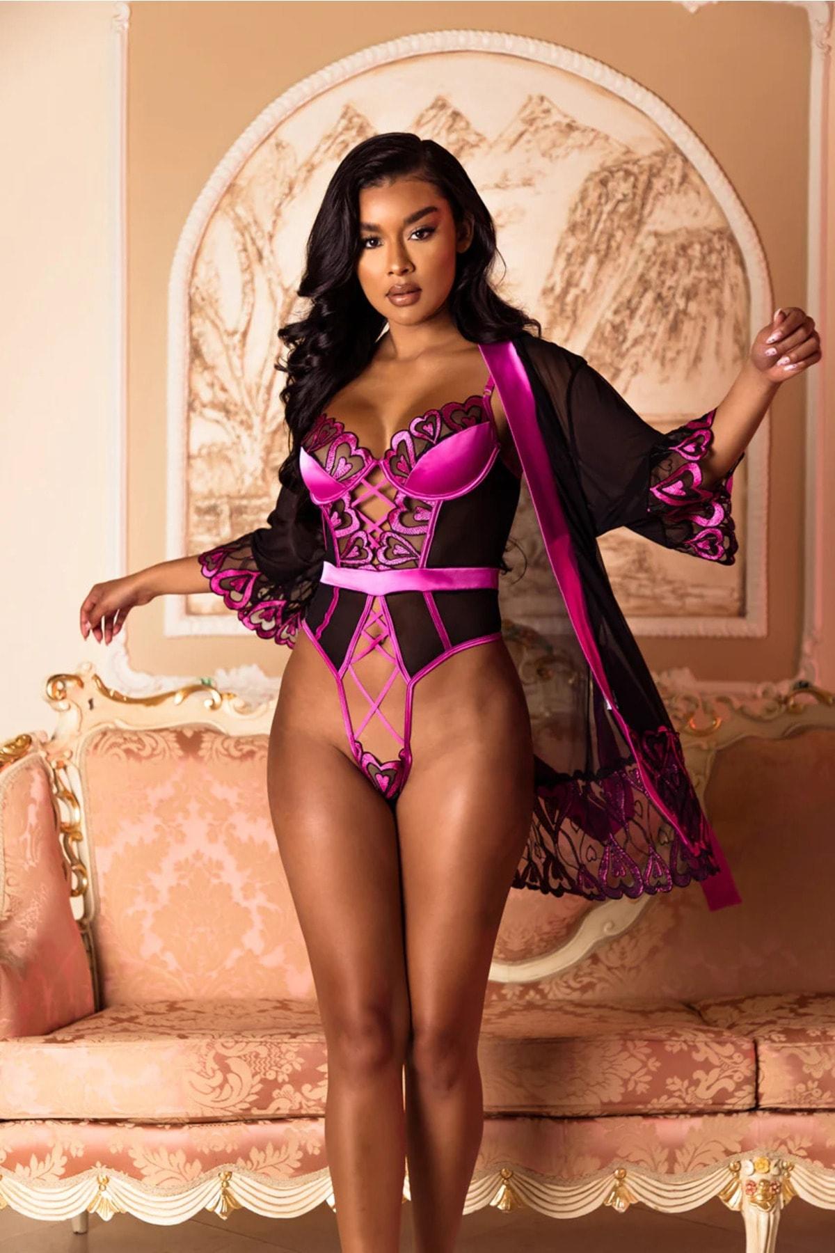 Siyah Saten Kısa Gecelik Takım For Dreams 8427 - Siyah