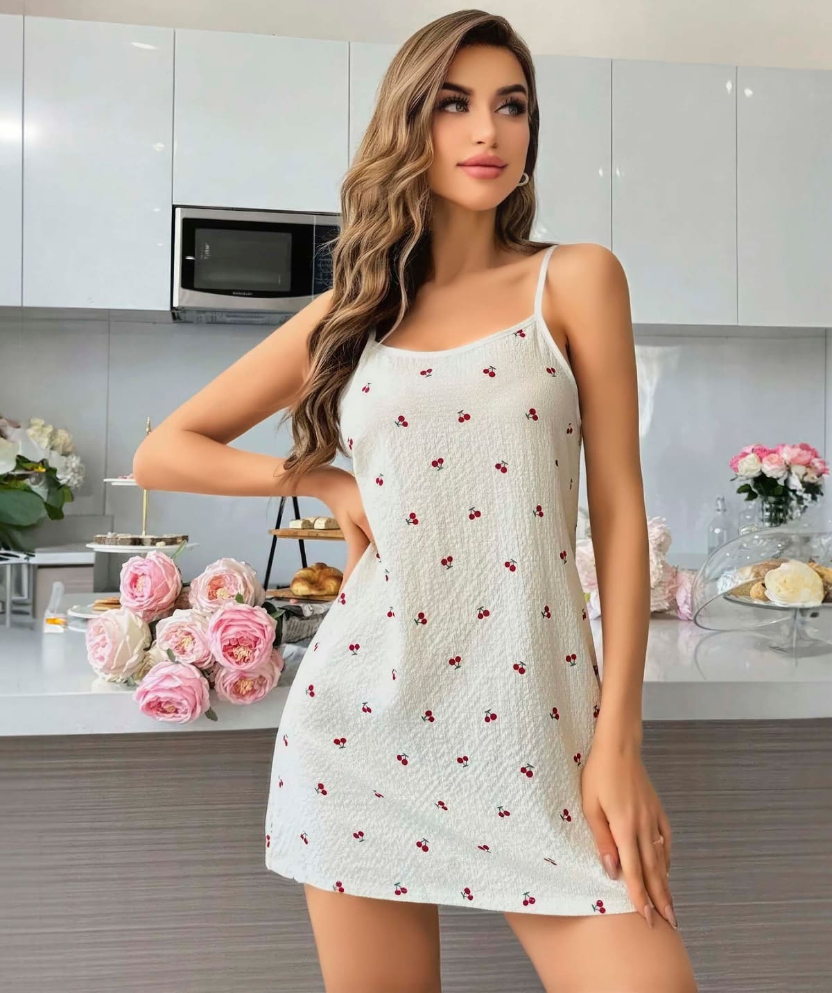 Kiraz Desenli Beyaz Penye Gecelik Poliamid Elastan Lily Bianca 13000 - Beyaz