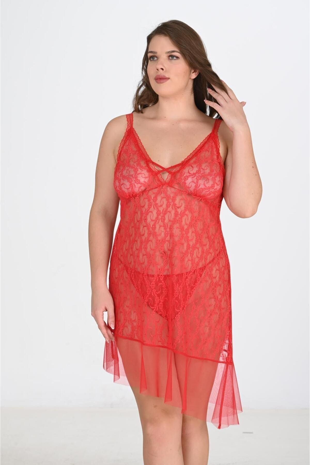 Kırmızı Tül Tek Parça Gecelik Ahu 3047 - Kırmızı