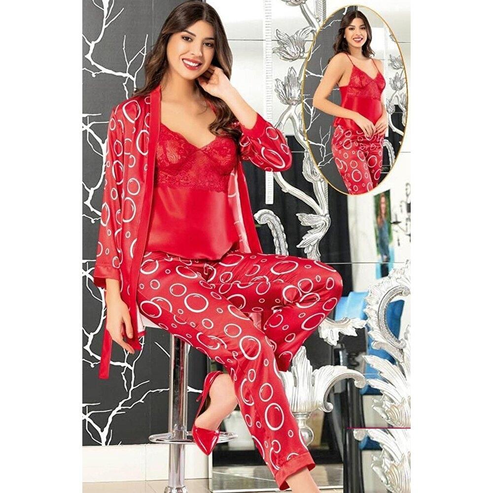 Dantelli Kırmızı Daire Desenli 3'lü Sabahlık Seti XSES 2152 - Kırmızı