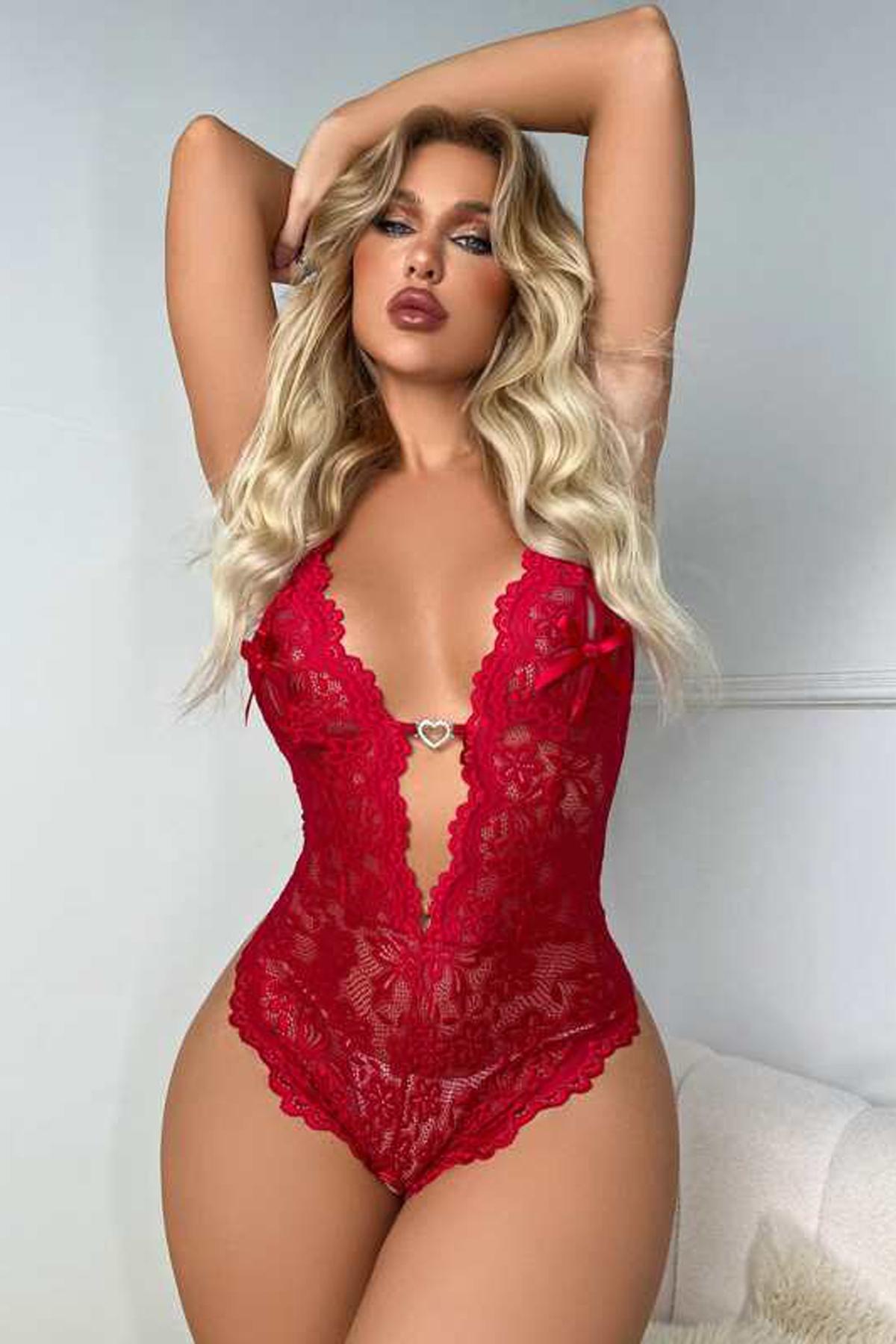 Şeffaf Dantel Tek Parça Body For Dreams 8459 - Kırmızı