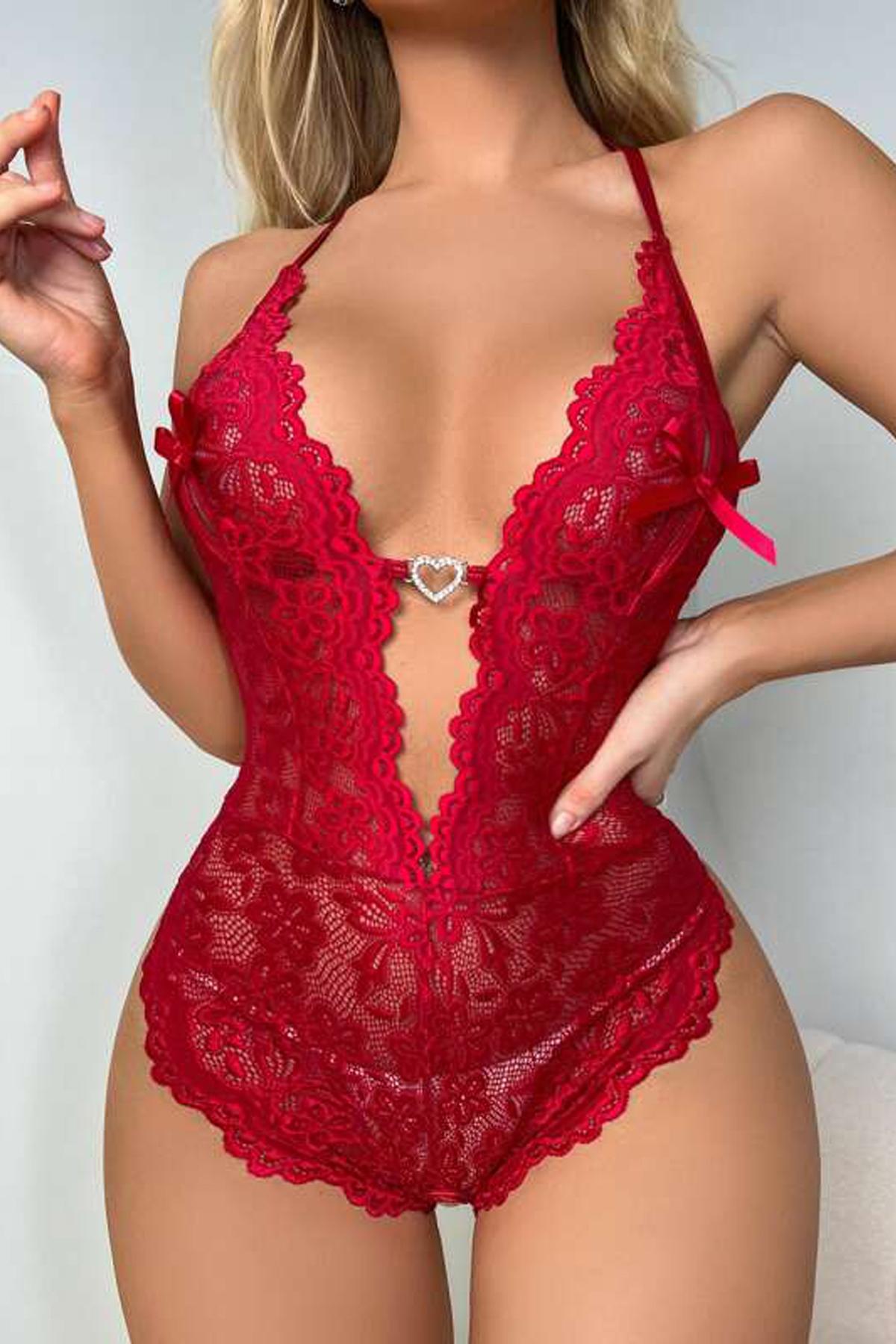 Şeffaf Dantel Tek Parça Body For Dreams 8459 - Kırmızı