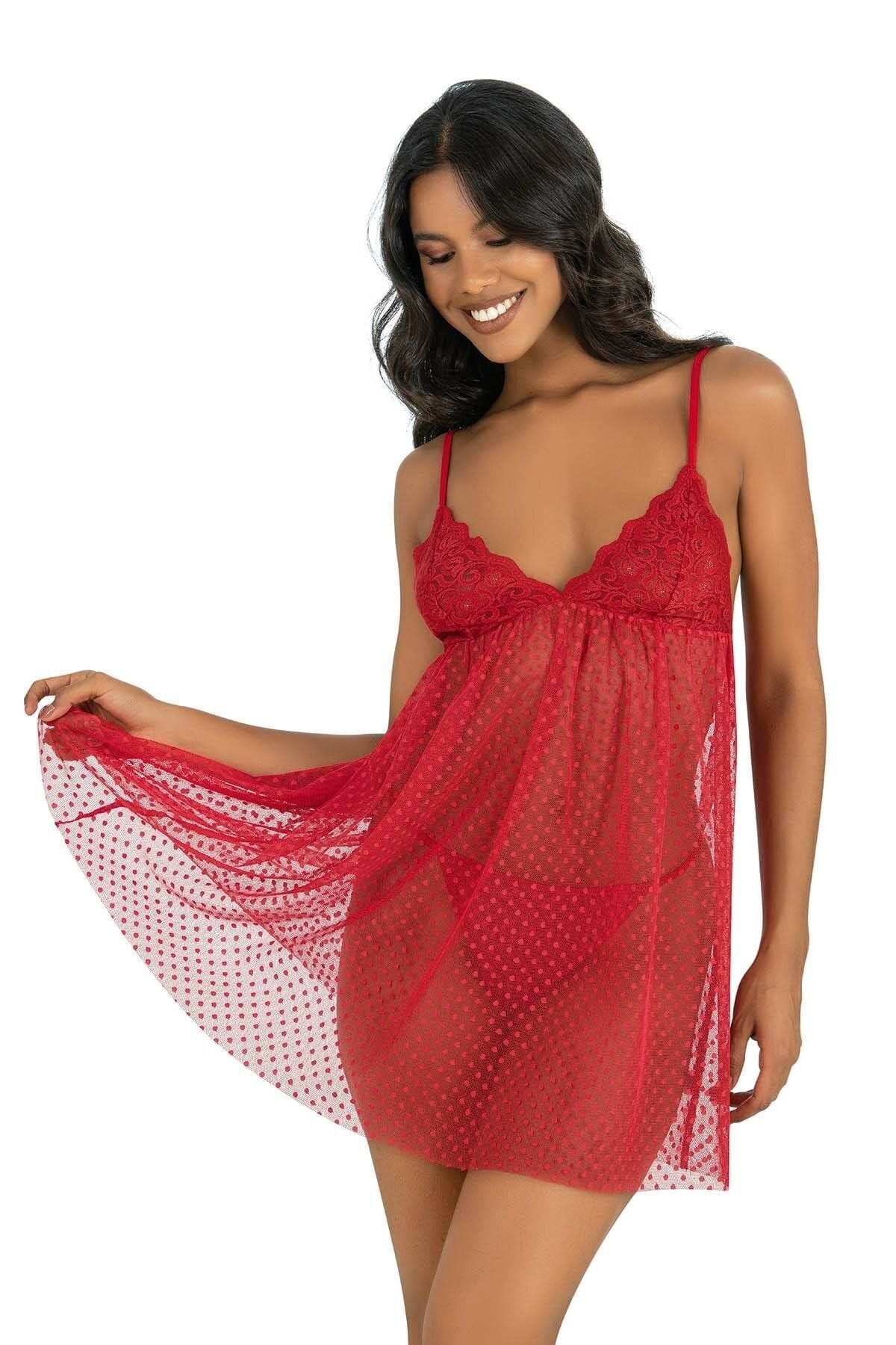 Kısa Dantelli Tül Gecelik Kırmızı Ahu 4243 - Kırmızı