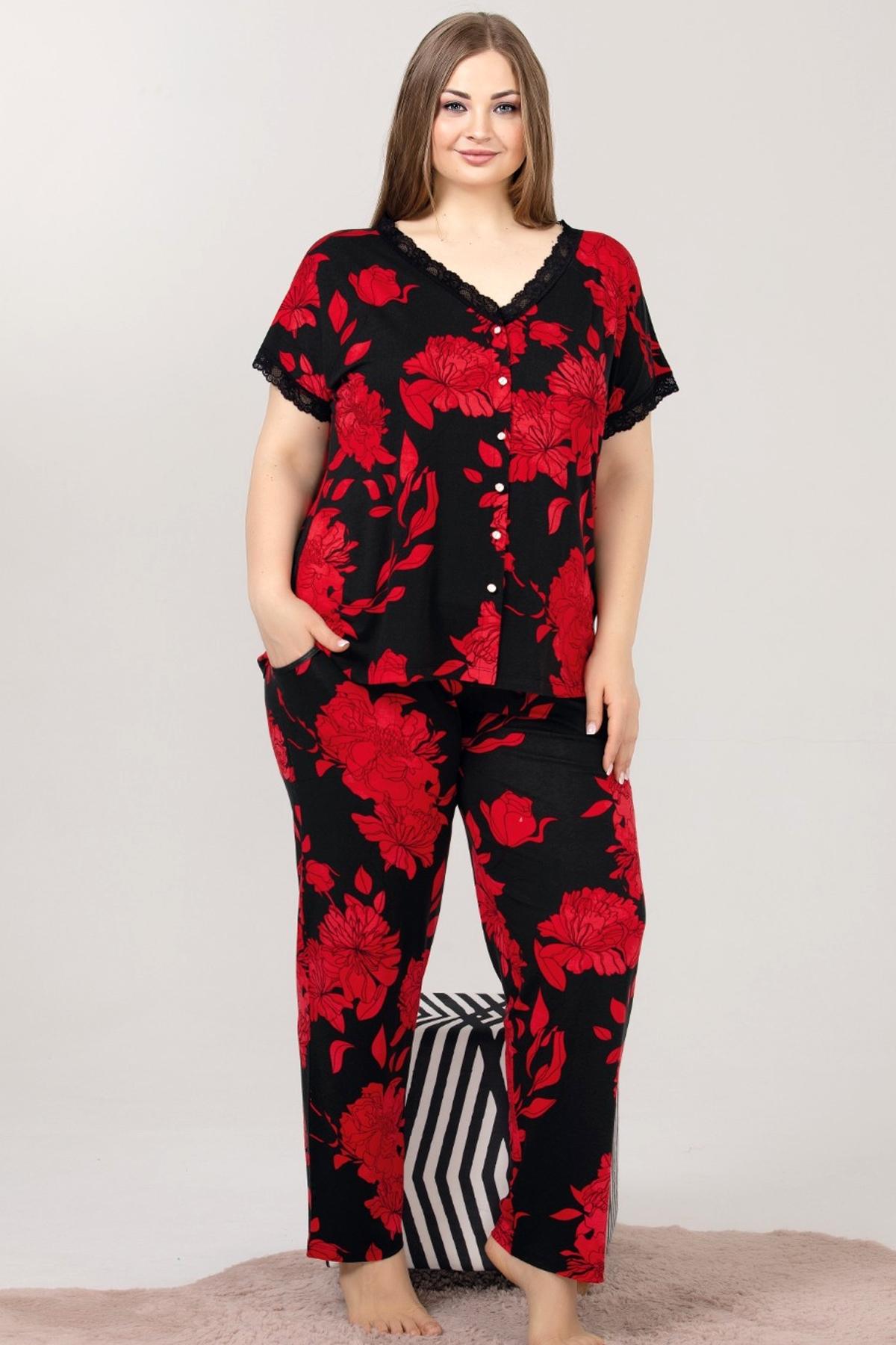 Kırmızı Siyah Çiçek Desenli Viskon Pijama Takımı Lady 10976 - Kırmızı