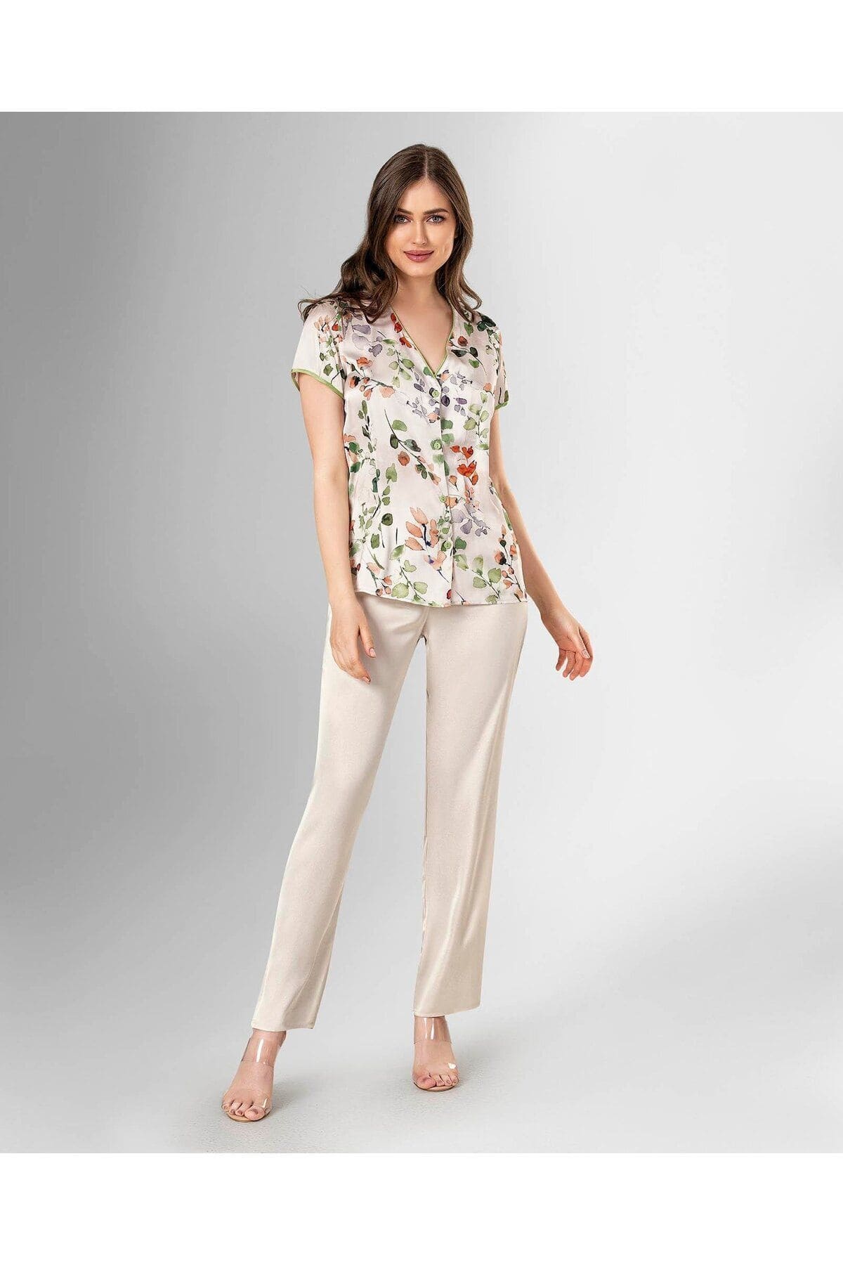 Çiçekli Ekru Pijama Takımı Kadın Ahu 1819 - Ekru