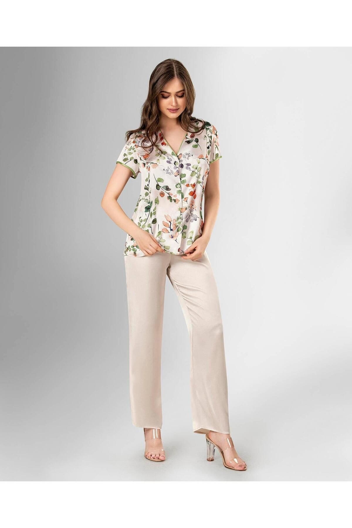 Çiçekli Ekru Pijama Takımı Kadın Ahu 1819 - Ekru