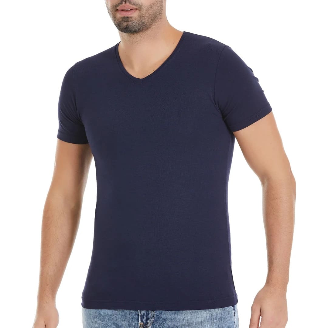 Kısa Kollu V-Yaka Bambu T-Shirt Yıldız 482 - Lacivert