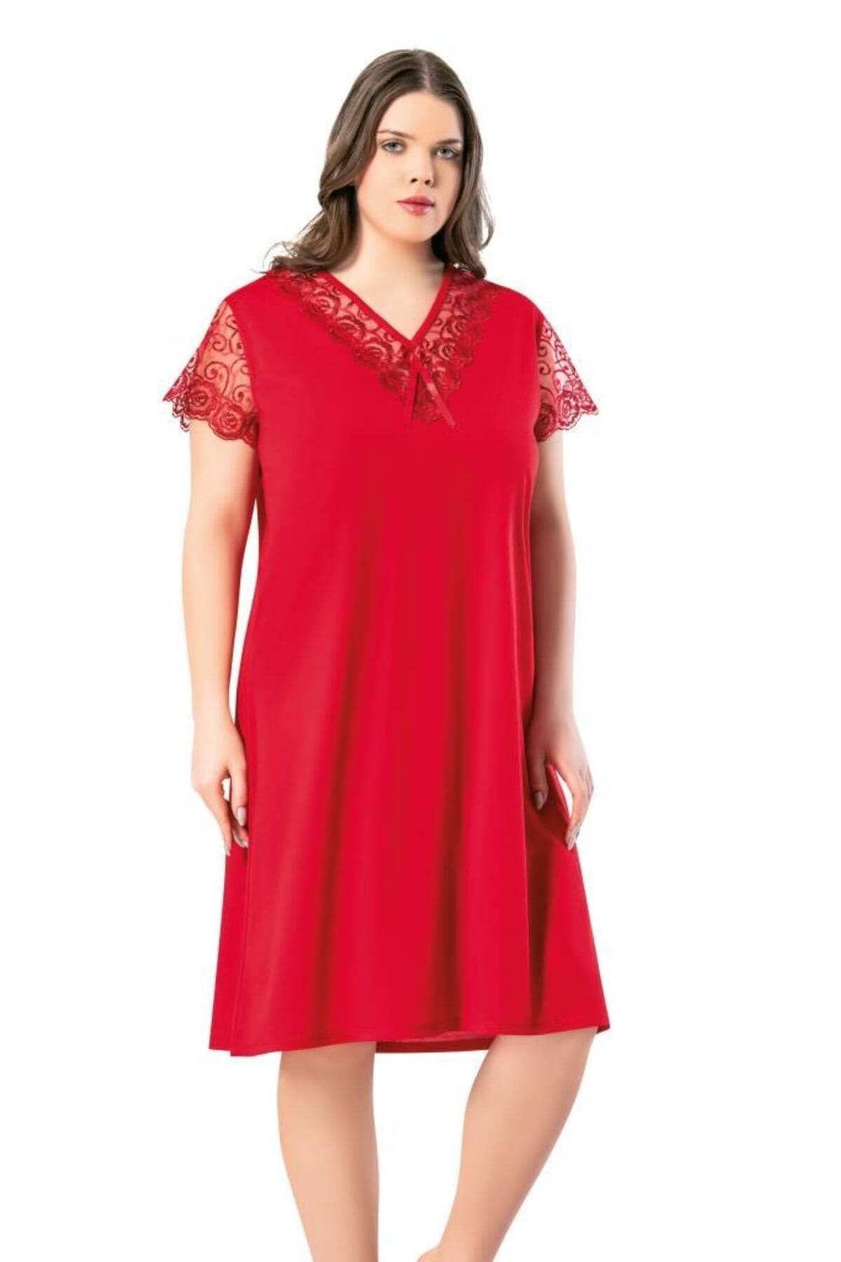 Kota Dantel Detaylı Kısa Kollu Büyük Beden Kadın Gecelik Kota 6211