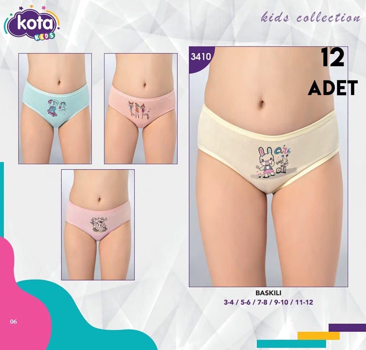 Geniş Askılı Pamuklu Kız Çocuk Külot 12Li Kota 3410 - Asorti
