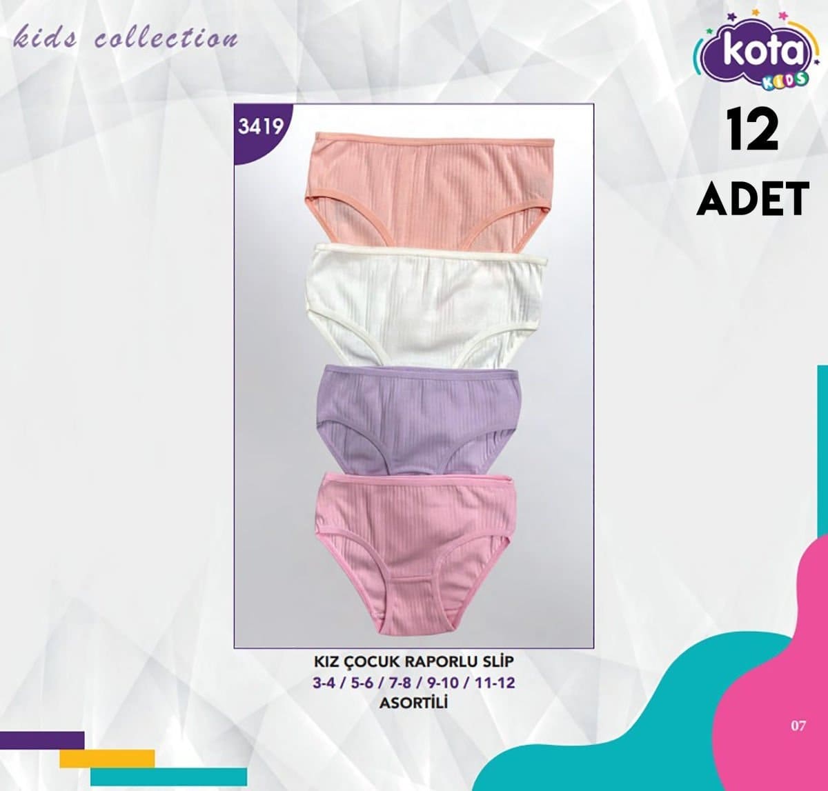 Pamuklu Geniş Askılı Kız Çocuk Külot Kota 3419 - Asorti