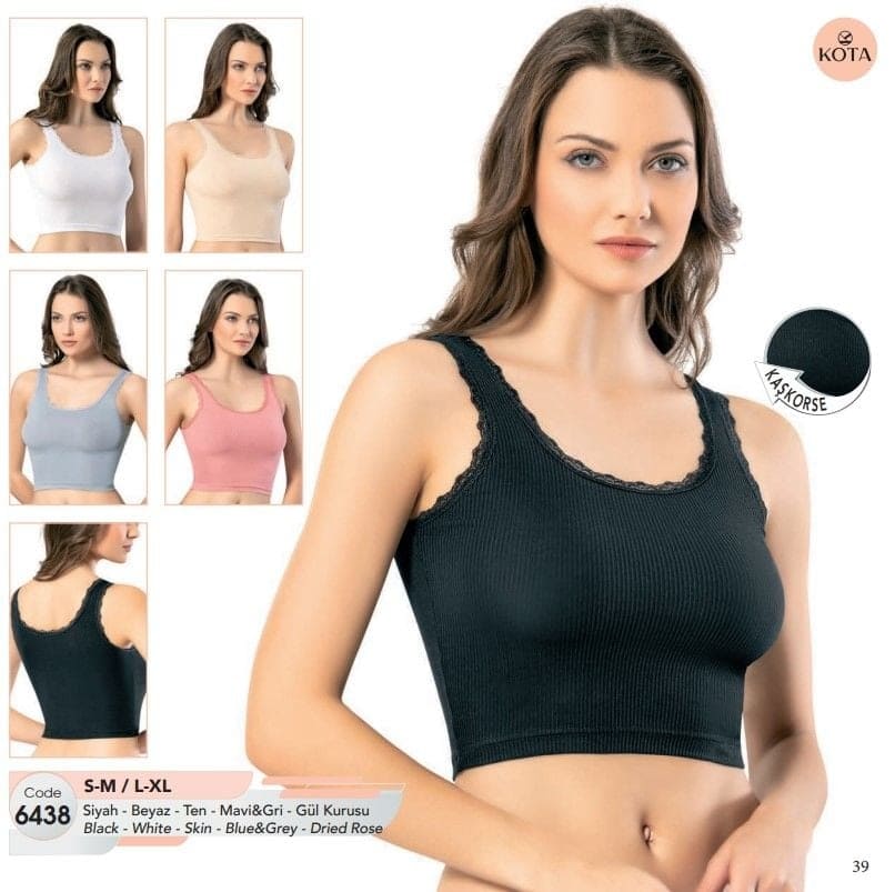 Geniş Askılı Pamuklu Dantelli Crop Kadın Atlet Kota 6438 - Siyah