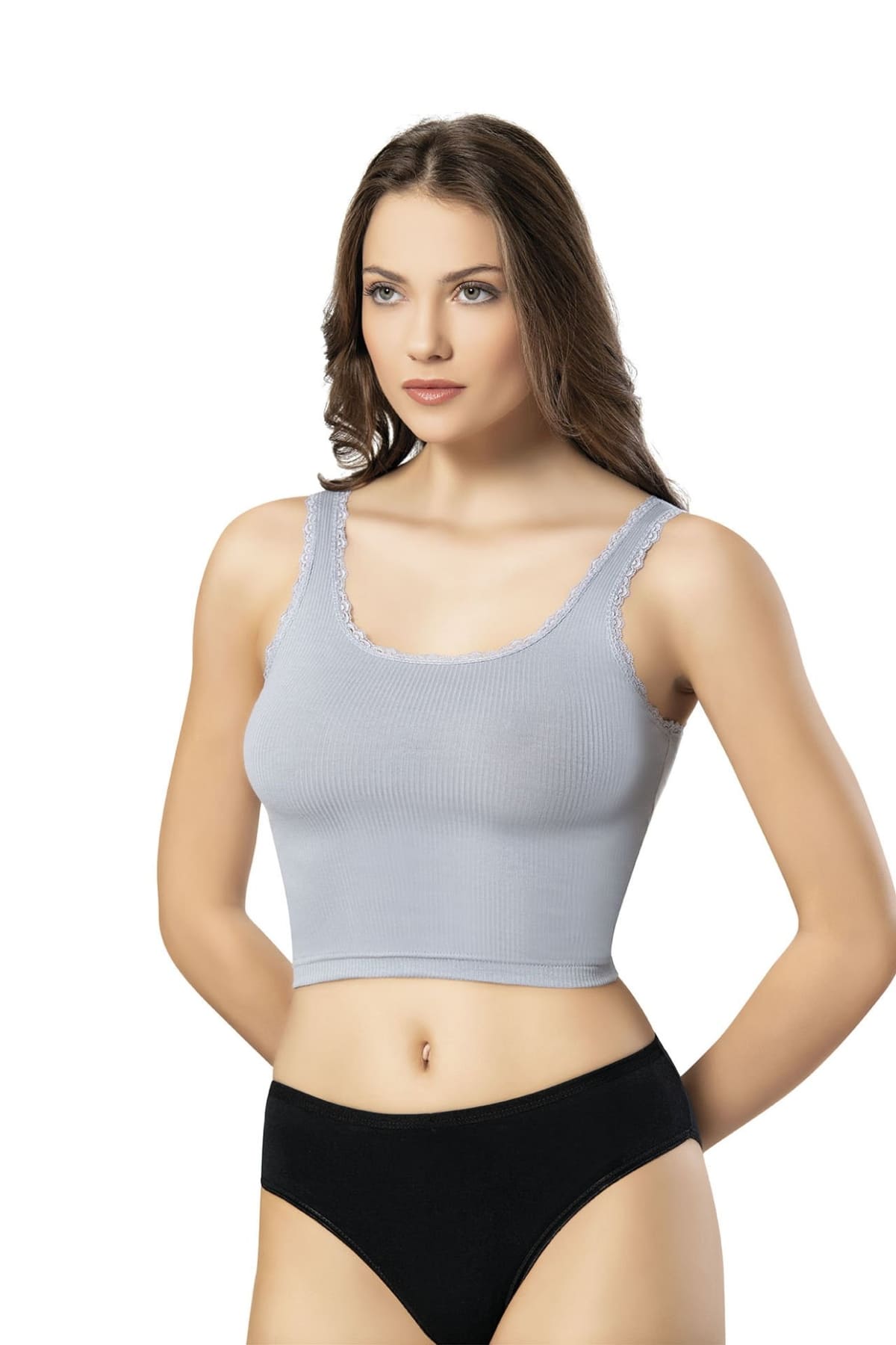 Geniş Askılı Pamuklu Dantelli Crop Kadın Atlet Kota 6438 - Mavi