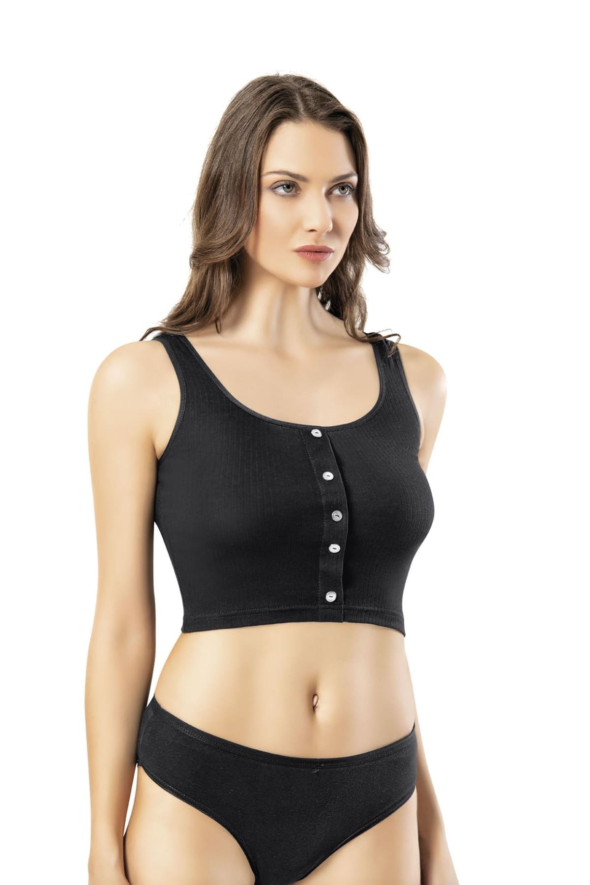 Geniş Askılı Crop Pamuklu Kadın Atlet Kota 6443 - Siyah