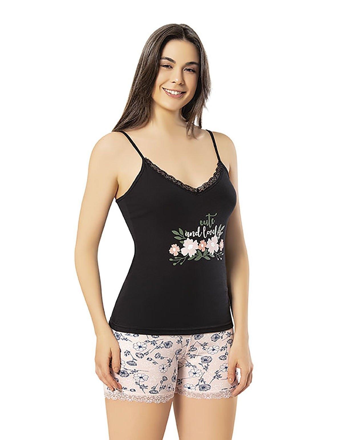 Dantelli İnce Askılı Şortlu Kadın Pijama Takımı Kota 7000 - Görsel