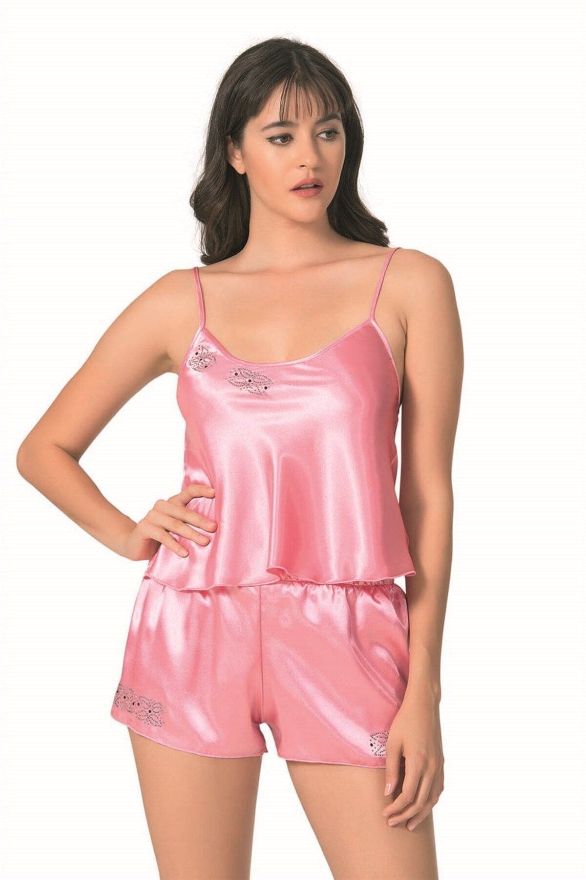 Saten Leopar Desenli Babydoll Şort Takımı Ahu 9079 - Pembe