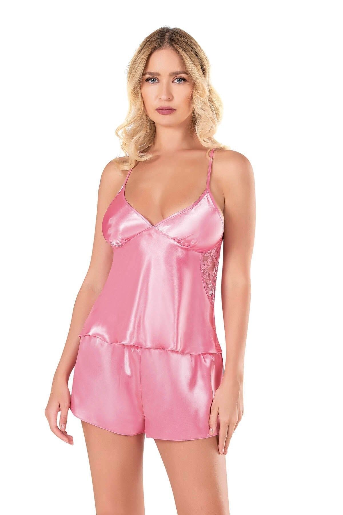 Koyu Pembe Leopar Saten Babydoll Şort Takımı Ahu 9108 - Pembe