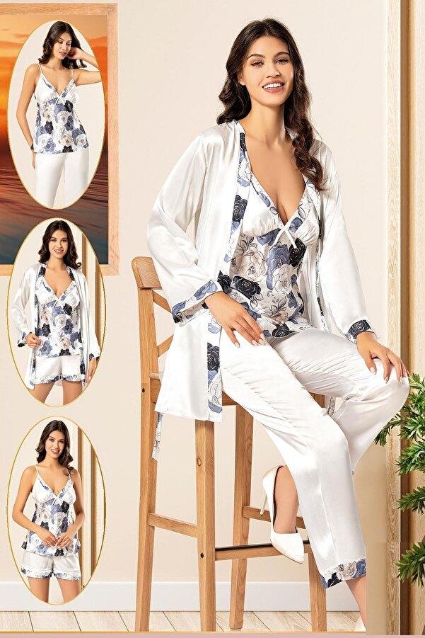 Çiçek Desenli Saten Sabahlık Pijama Seti XSES 2155 - Lacivert