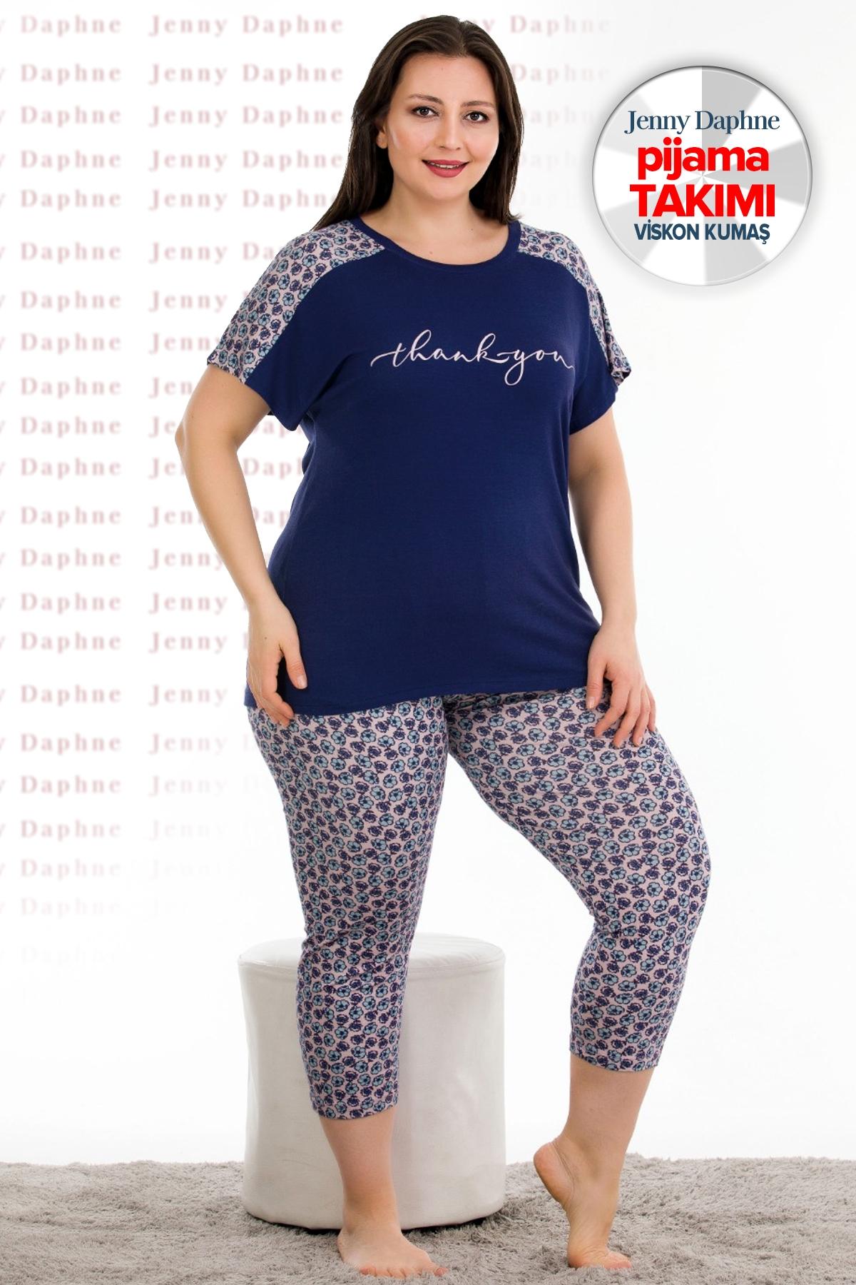 Lacivert Desenli Kapri Büyük Beden Pijama Takımı Lady 10682 - Lacivert