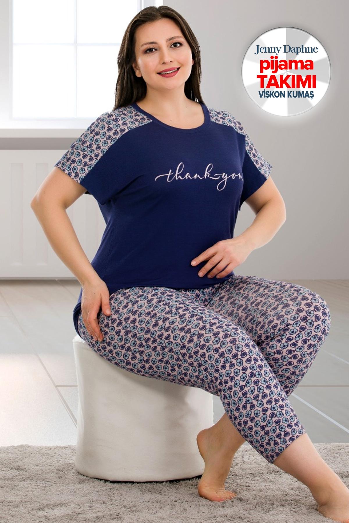 Lacivert Desenli Kapri Büyük Beden Pijama Takımı Lady 10682 - Lacivert