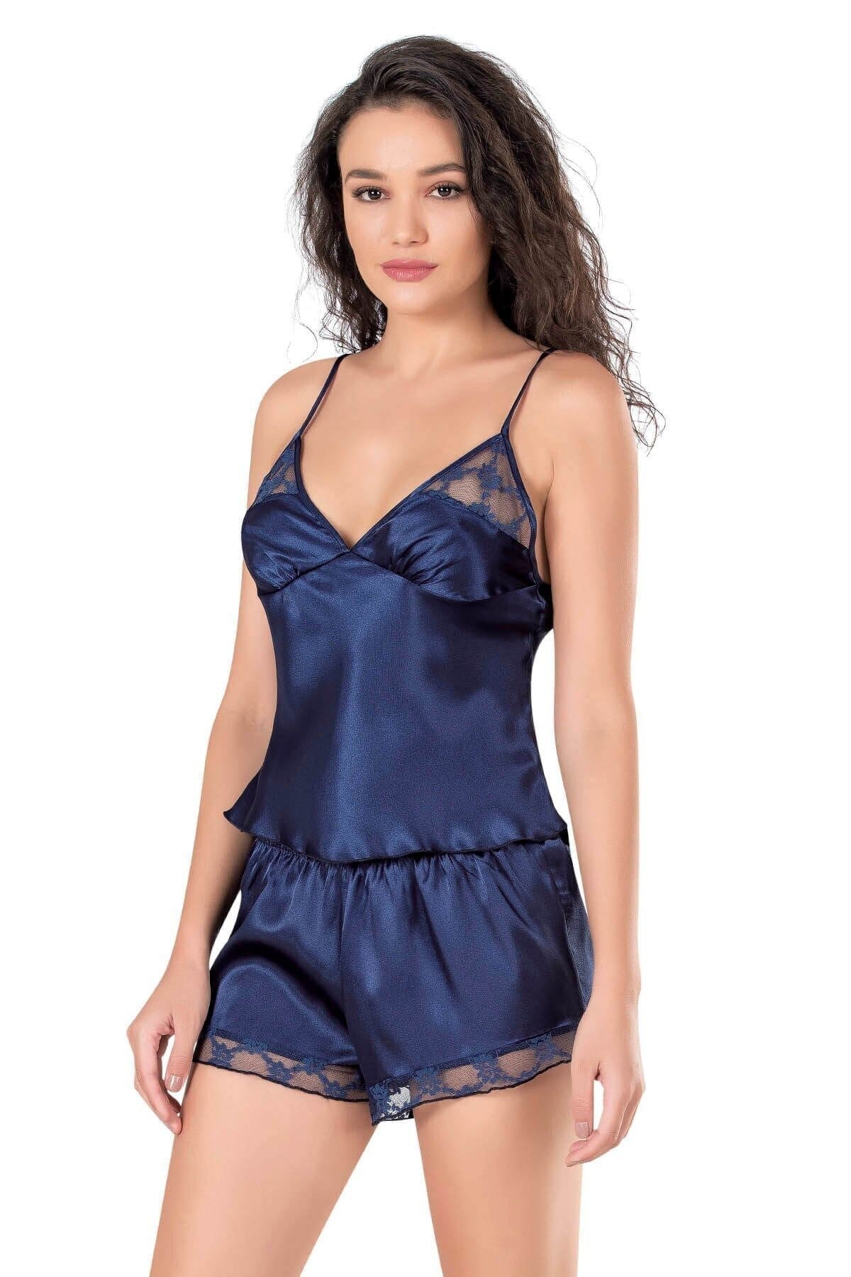 Lacivert İp Askılı Saten Babydoll Şort Takımı Ahu 9135 - Lacivert