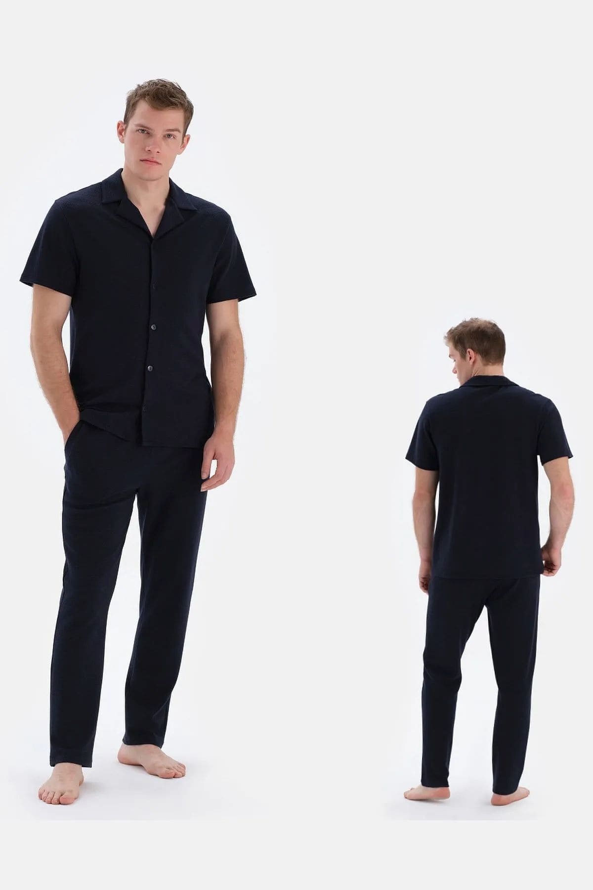 Kısa Kol Düğmeli Pijama Takımı Ekru Eros 33110 - Lacivert