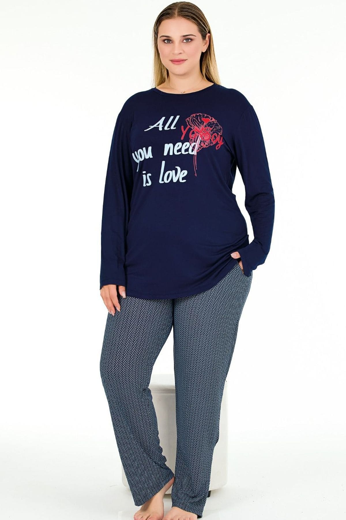 Uzun Kollu Büyük Beden Lacivert Pijama Takımı Lady 11396 - Lacivert