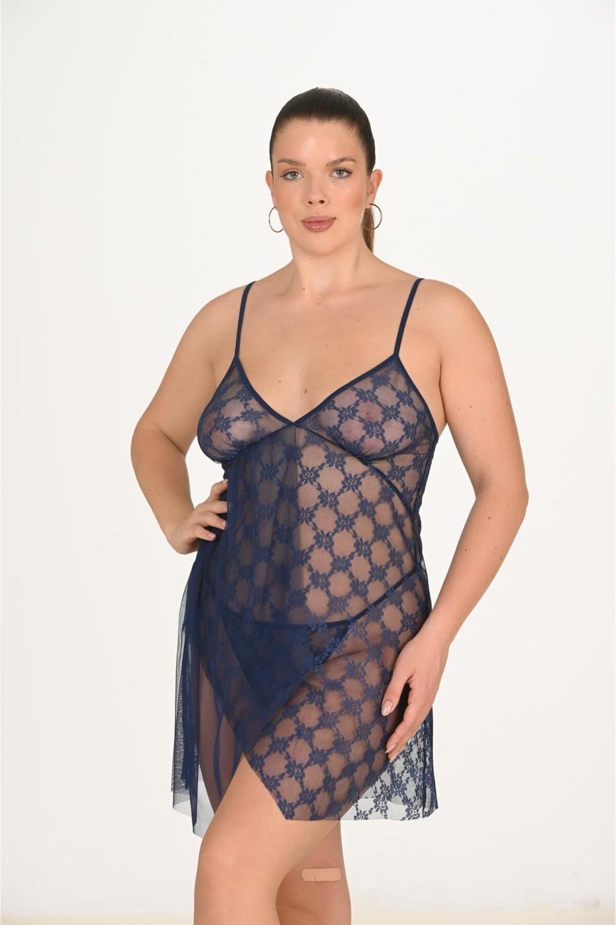 Lacivert Tül Vücut Hatlı Gecelik Ahu 3046 - Lacivert