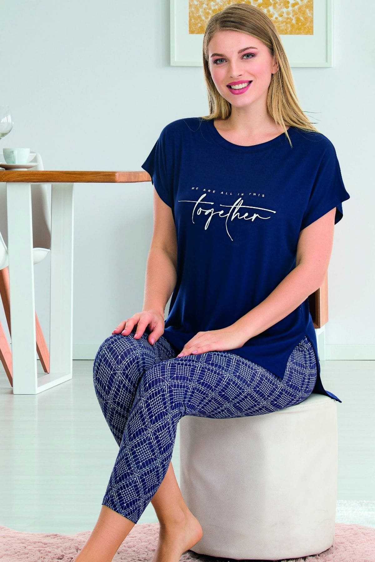 Lady Lacivert Viskon Rahat Kesim Kapri Pijama Takımı Lady 12064