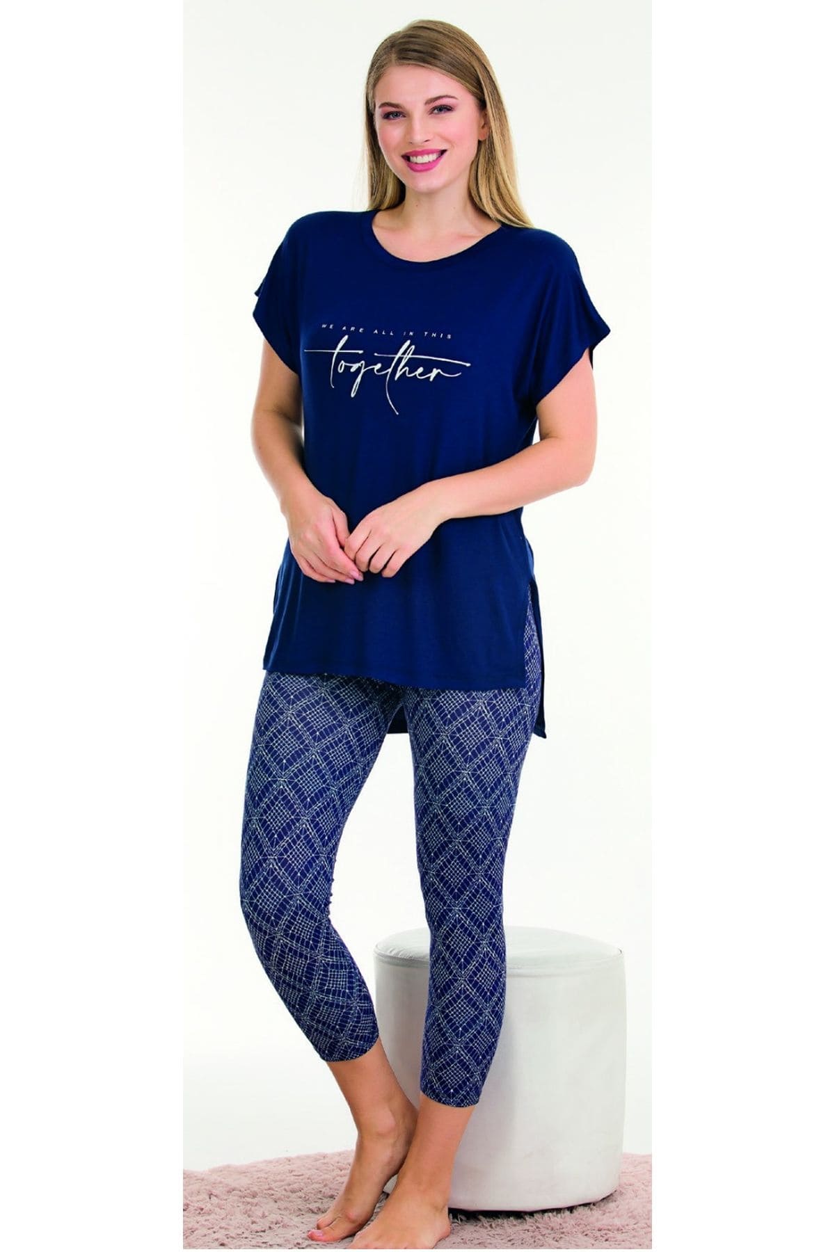 Lady Lacivert Viskon Rahat Kesim Kapri Pijama Takımı Lady 12064 - Görsel 2