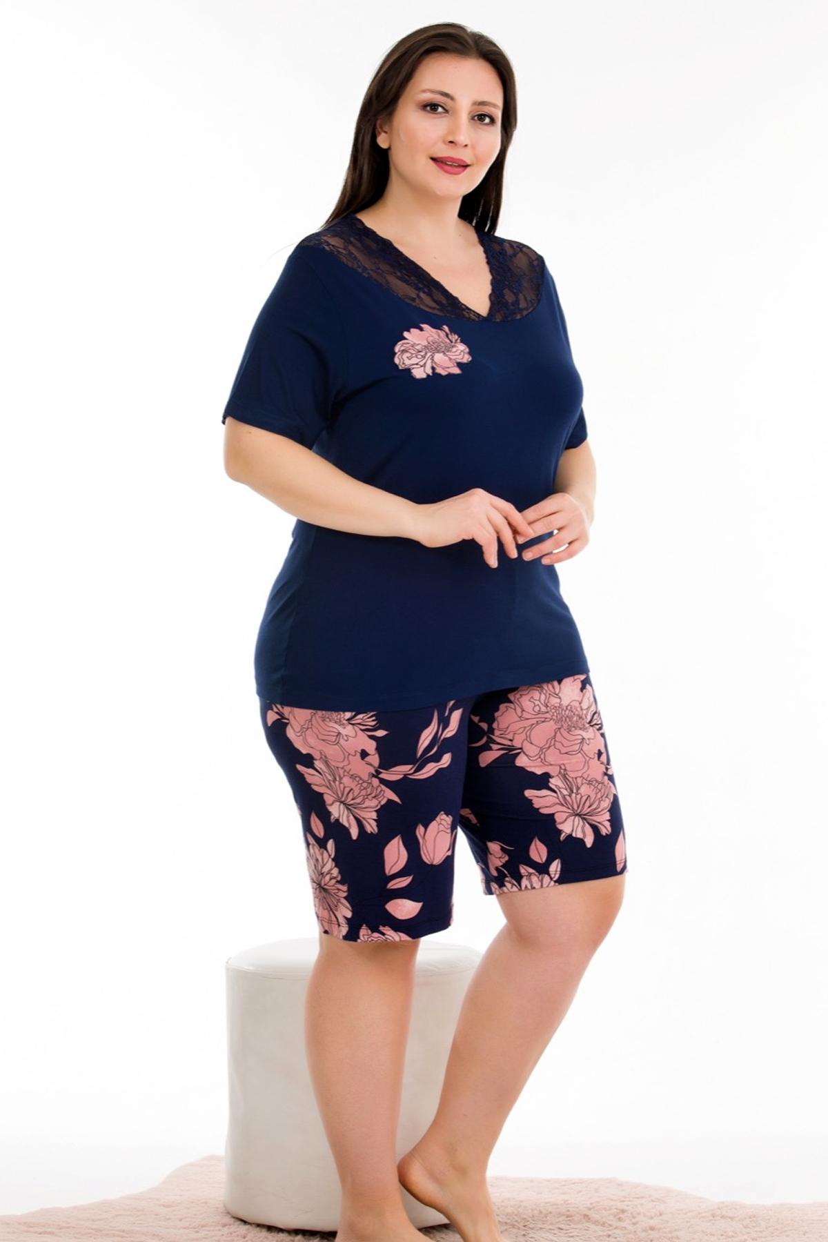 Dantelli Lacivert Şort Takım Viskon Kumaş Lady 10382 - Lacivert