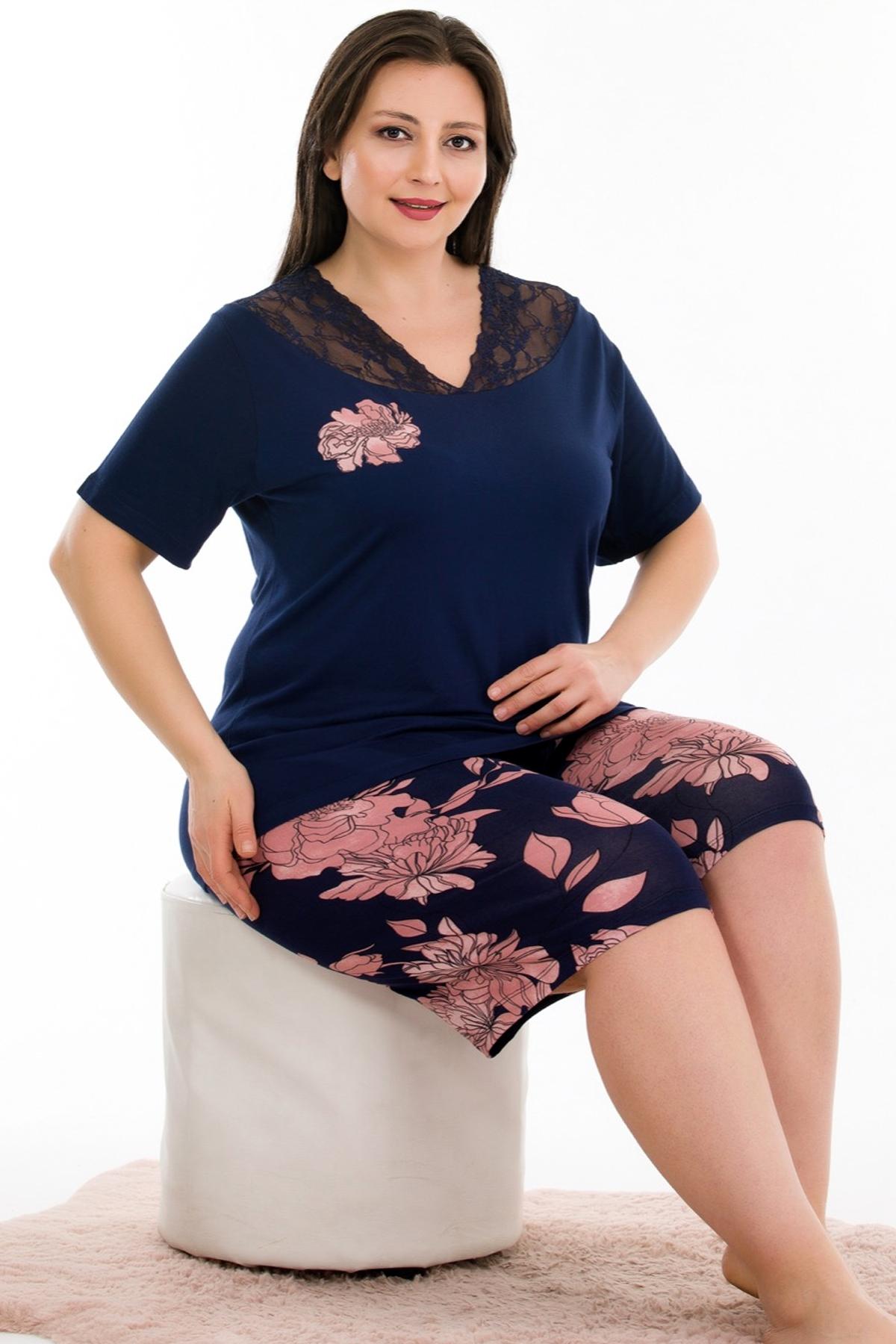 Dantelli Lacivert Şort Takım Viskon Kumaş Lady 10382 - Lacivert