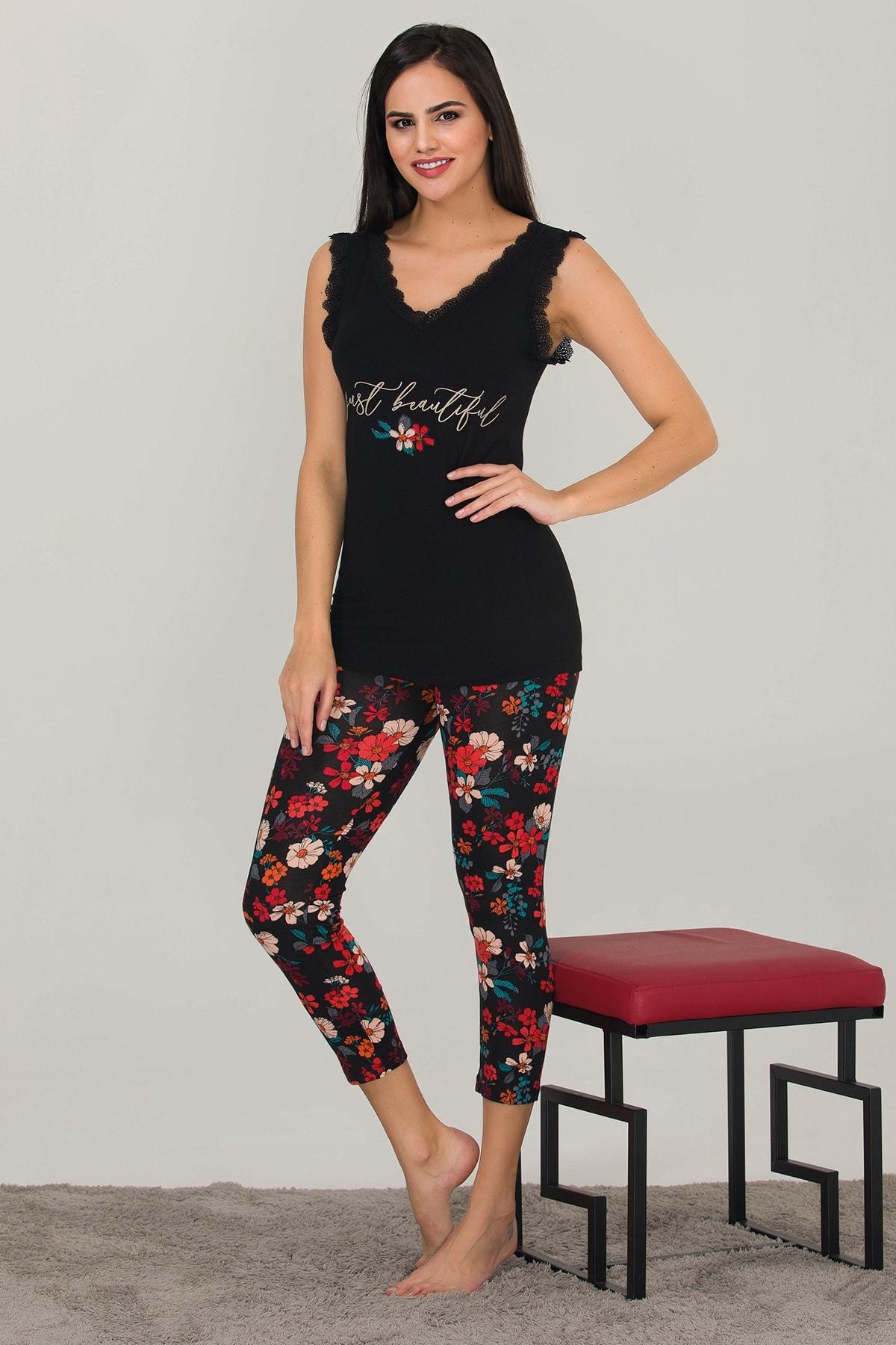 Siyah Çiçekli Kadın Pijama Takımı Lady 12023 - Siyah