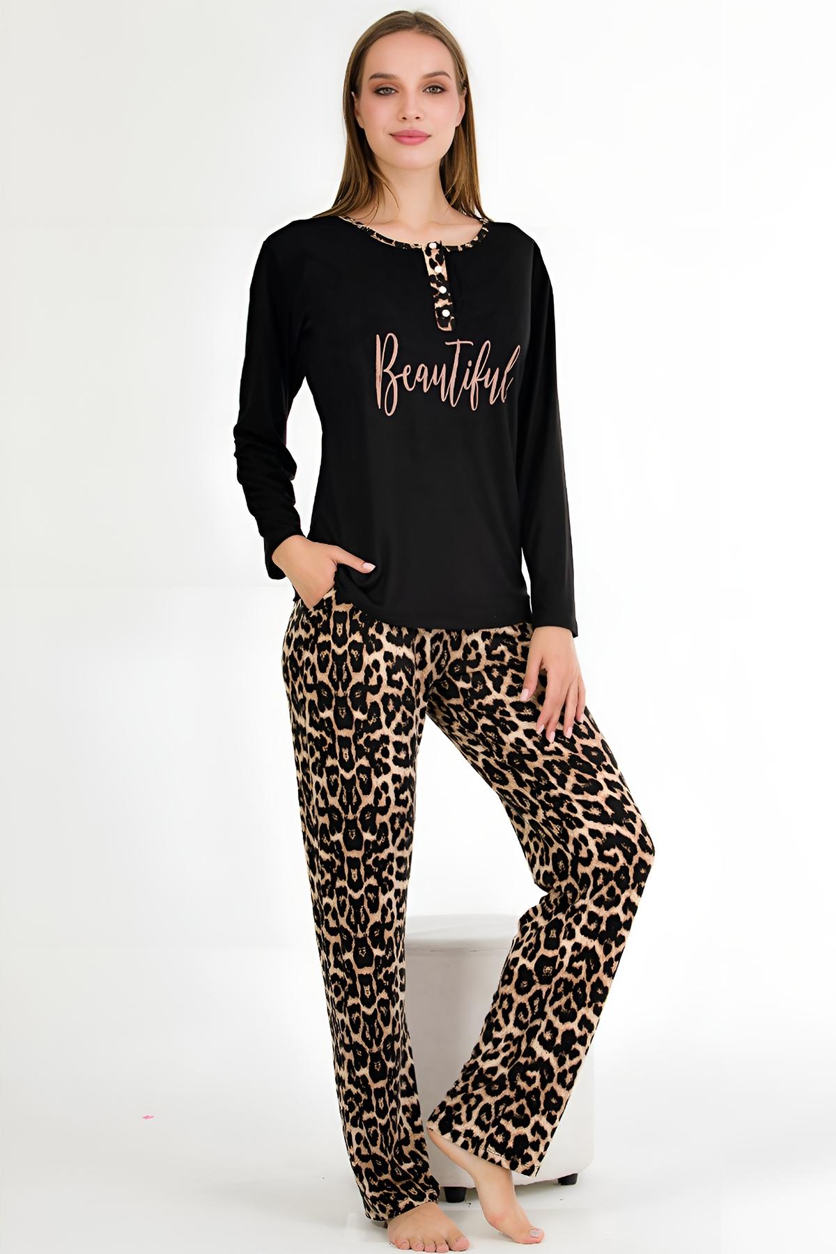 Leopar Desenli Uzun Kollu Pijama Takımı Lady 11647 - Siyah