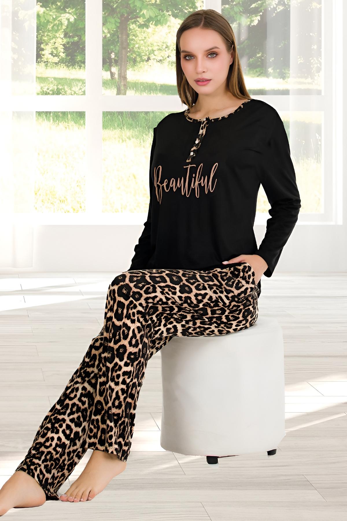 Leopar Desenli Uzun Kollu Pijama Takımı Lady 11647 - Siyah