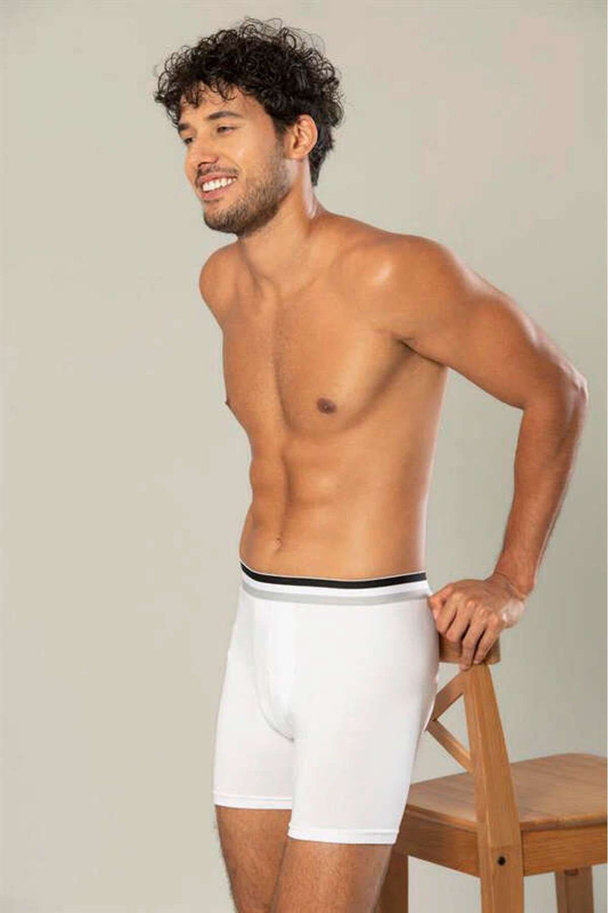 Likralı Pamuklu Uzun Boxer Esnek Bel Dikiş Erdem 1415 - Beyaz