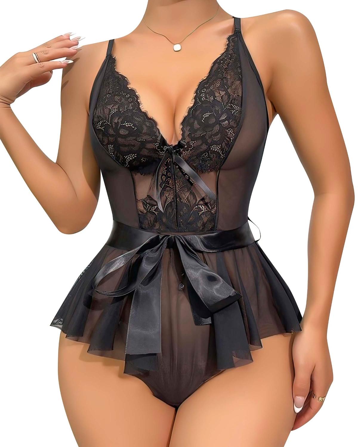 Şeffaf Dantel Tek Parça Body Lily Bianca 969 - Siyah