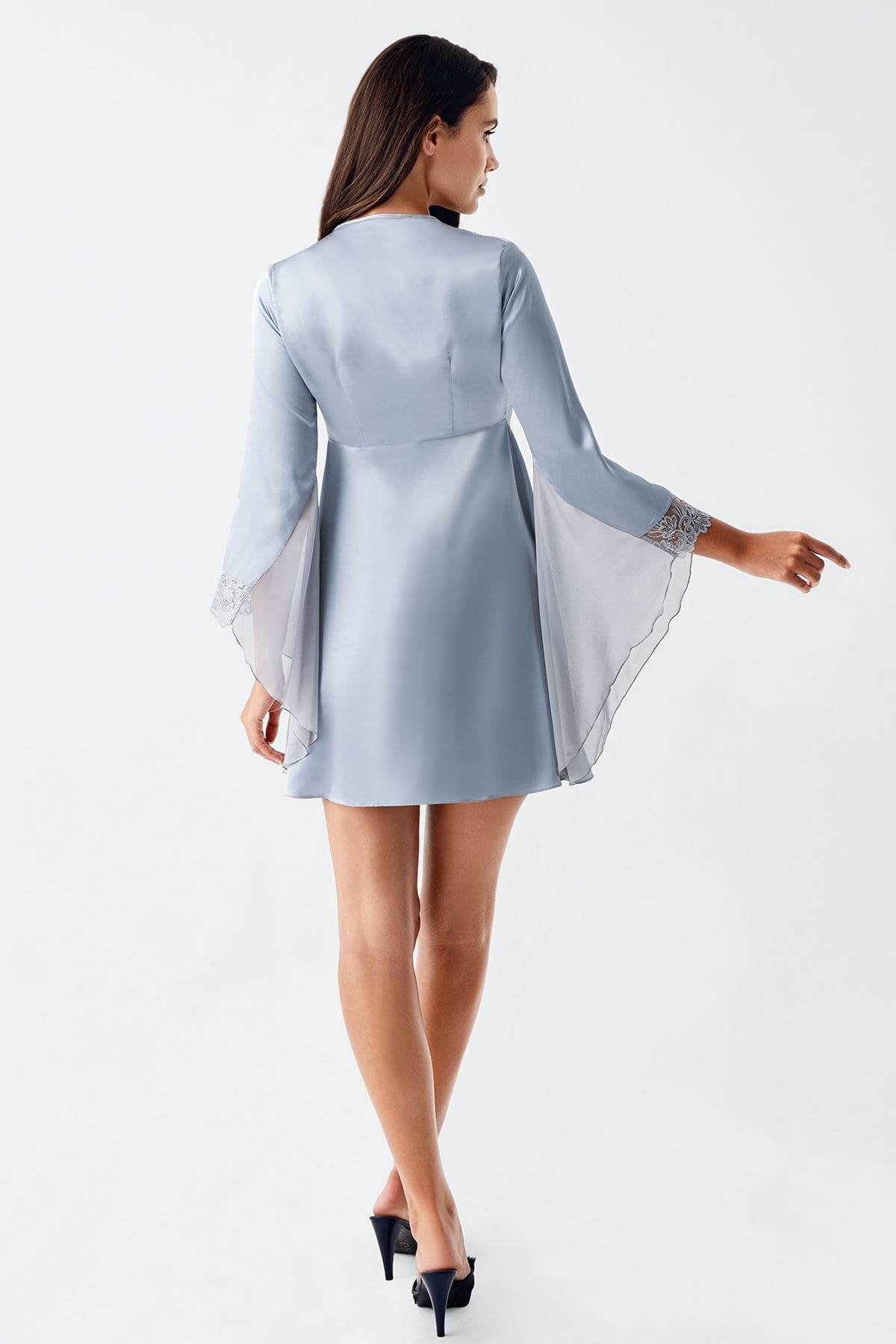 Mavi Tül Dantel Detaylı Saten Gecelik Takım İmaj 104 - Mavi