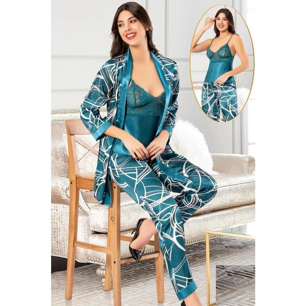 Dijital Desenli Saten 3'lü Sabahlık Pijama Çeyiz Seti XSES 2151 - Mavi