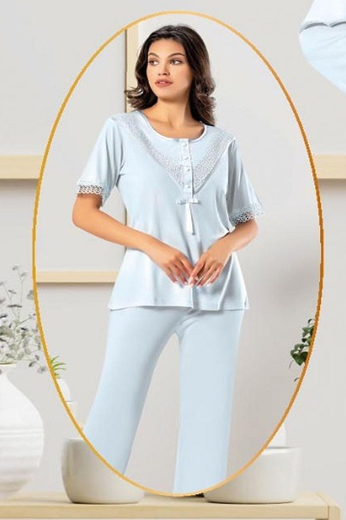 Mavi Emzirme Açıklığına Sahip Hamile Pijama Takımı XSES 4850 - Mavi
