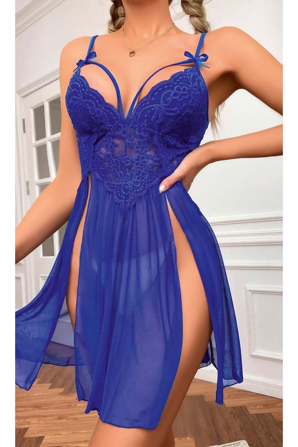 Mavi Tül Dekolteli Transparan Fantezi Gecelik Ruselin 2106 - Mavi