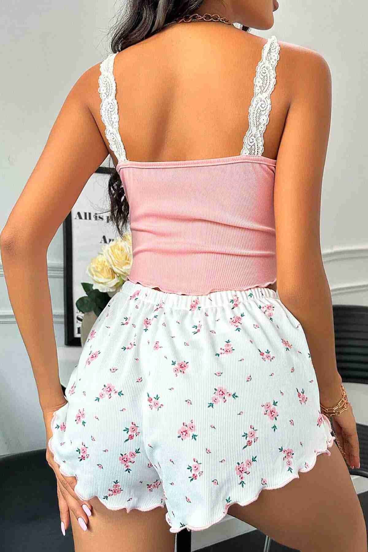 Merry See Çiçek Desenli Dantel Askılı Şortlu Pijama Takımı Çok Renkli Merry See MS 2370 - Görsel 2