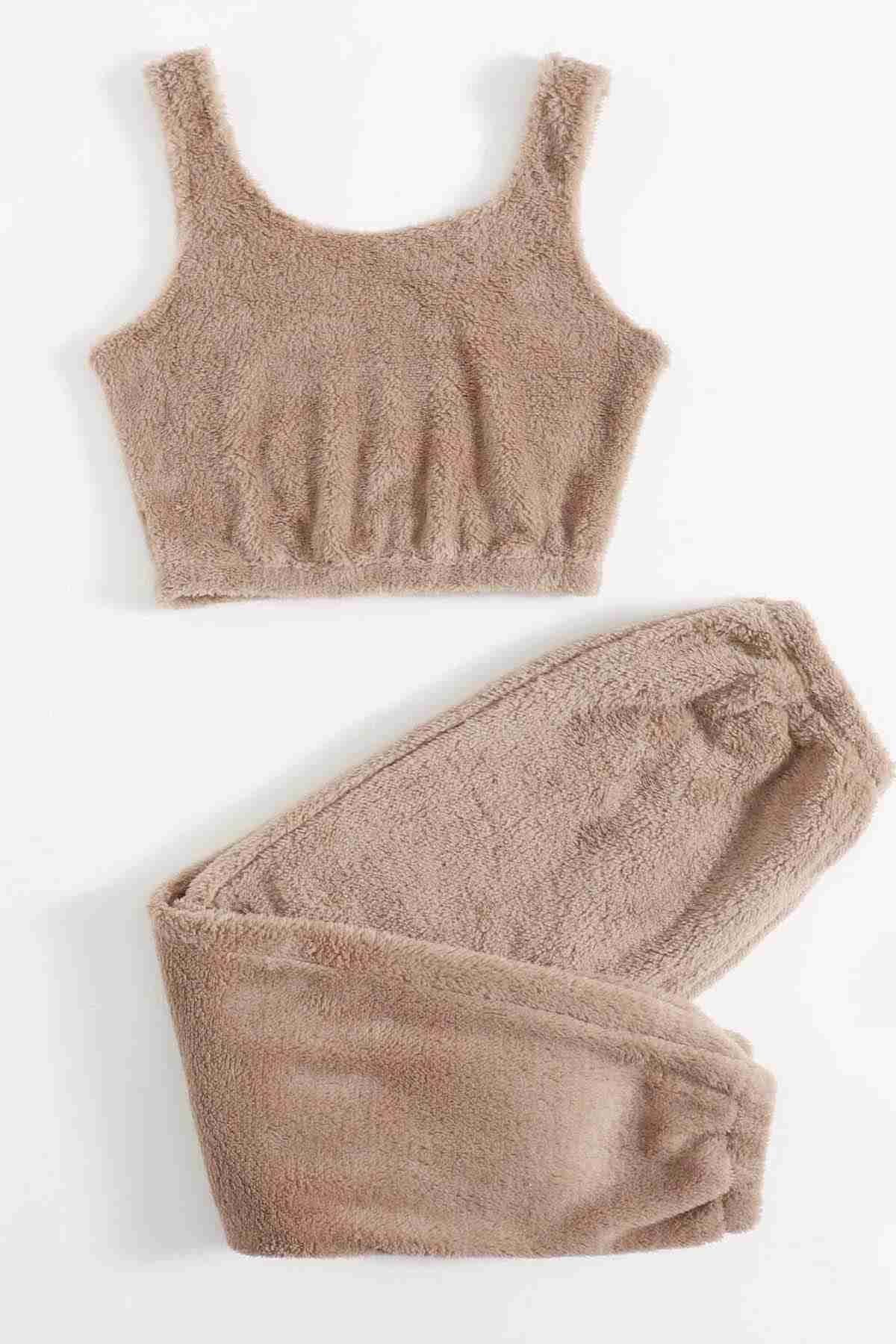 Askılı Peluş Polar Crop Kadın Pijama Takımı Kahverengi Merry See MS4065 - Kahverengi