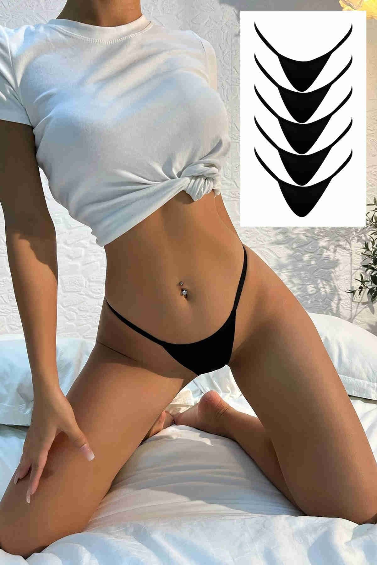 Siyah Lastikli Tanga Seti 5li Paket Merry See 7520 - Siyah