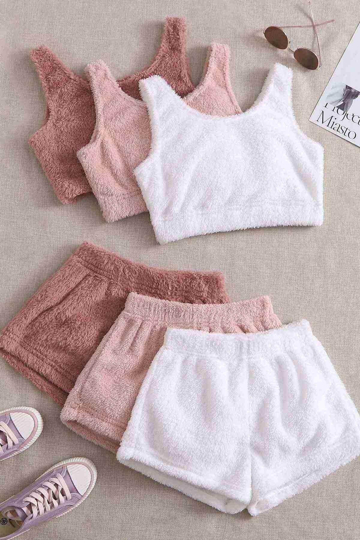 Peluş Askılı Polar Alt Üst Şortlu Kadın Pijama Takımı Merry See MS 40809 - Pembe Koyu