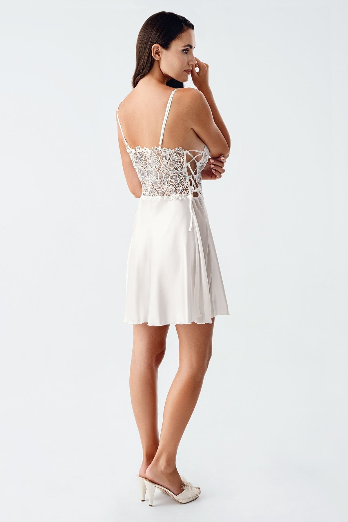 Mini Saten Dantelli Transparan Gecelik Takım İmaj 4230 - Ekru