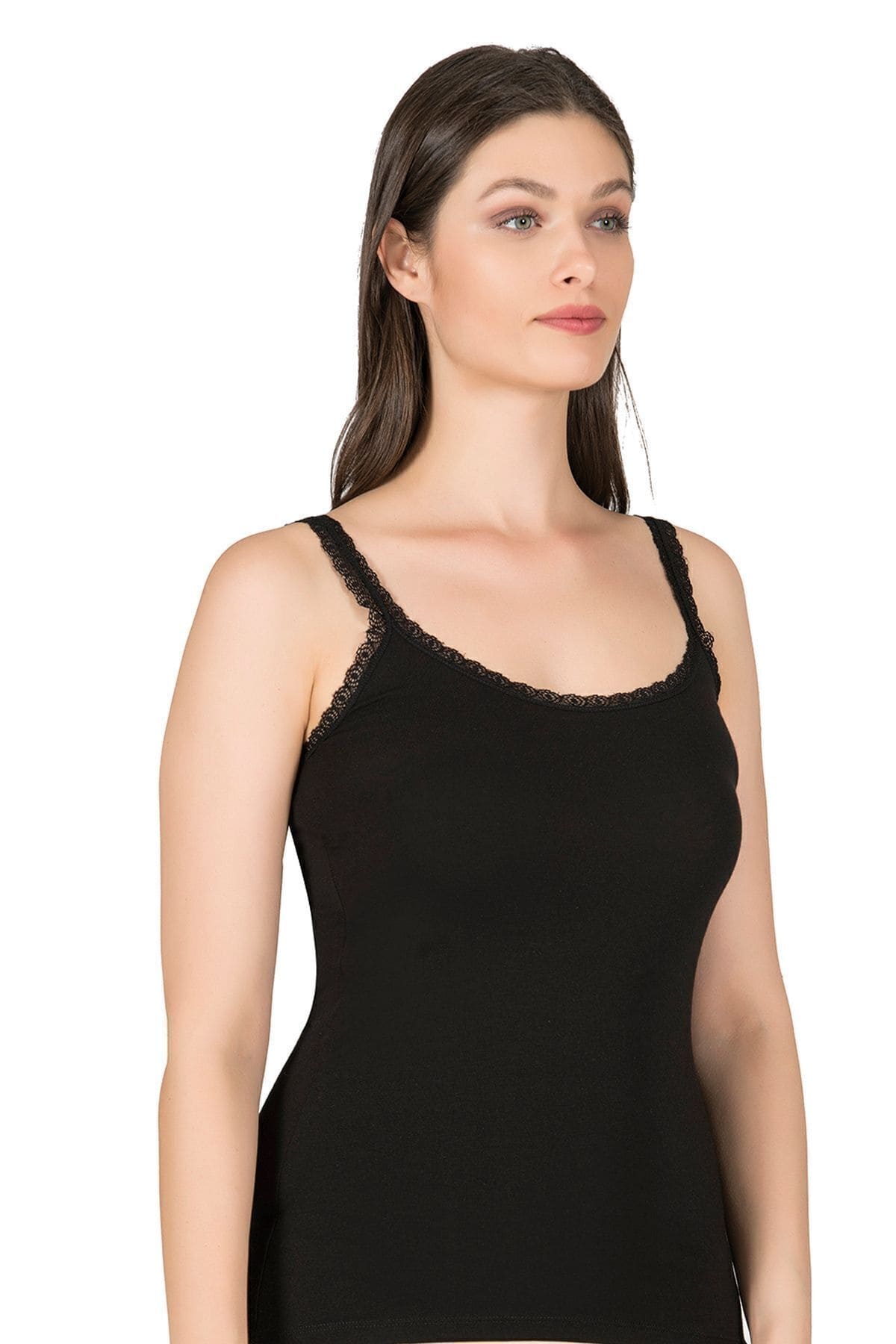 Modal Pamuklu Dantelli İnce Askılı Kadın Atlet Özkan 24675 - Siyah