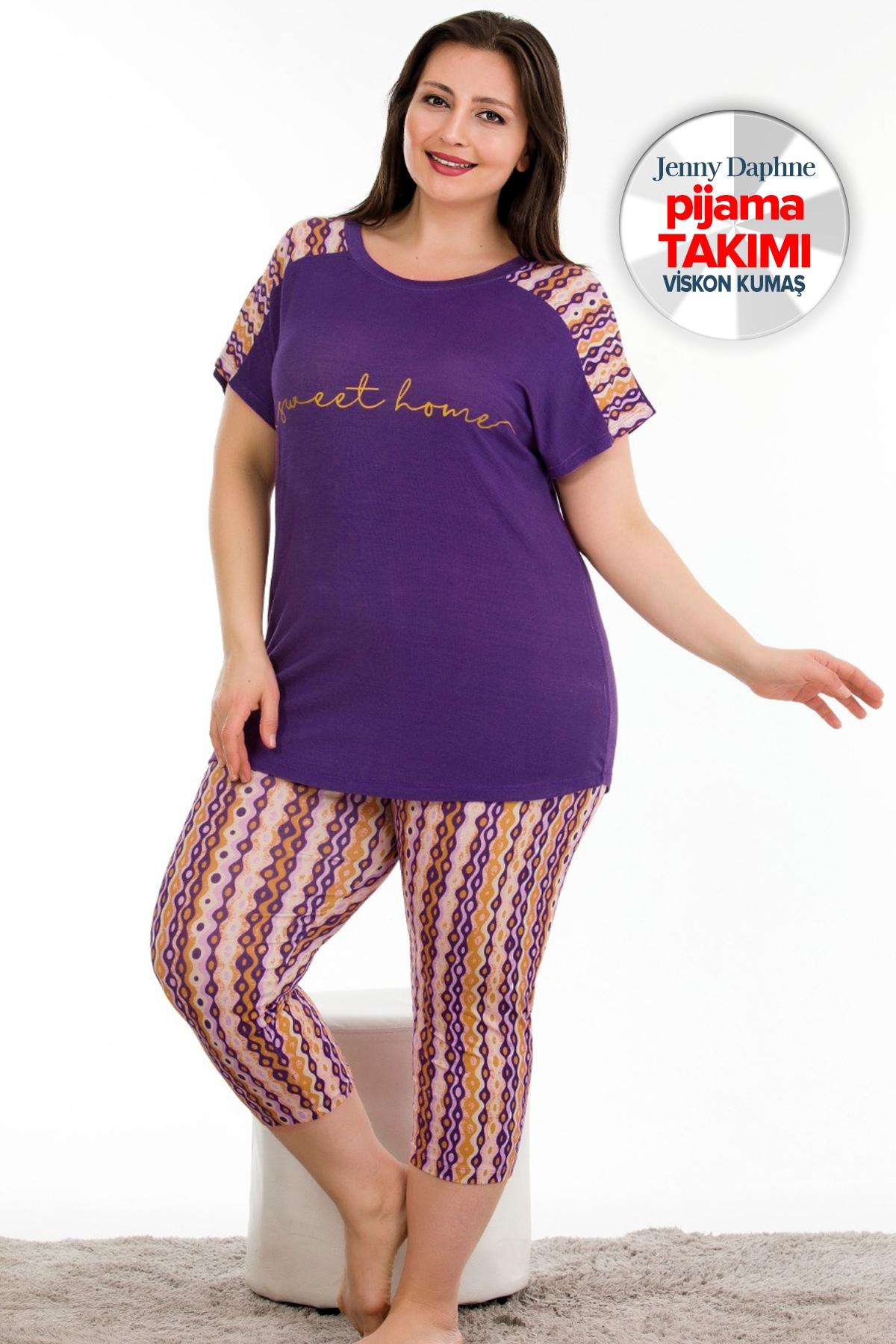 Mor Desenli Büyük Beden Kısa Kol Viskon Kapri Pijama Takımı Lady 10671 - Mor