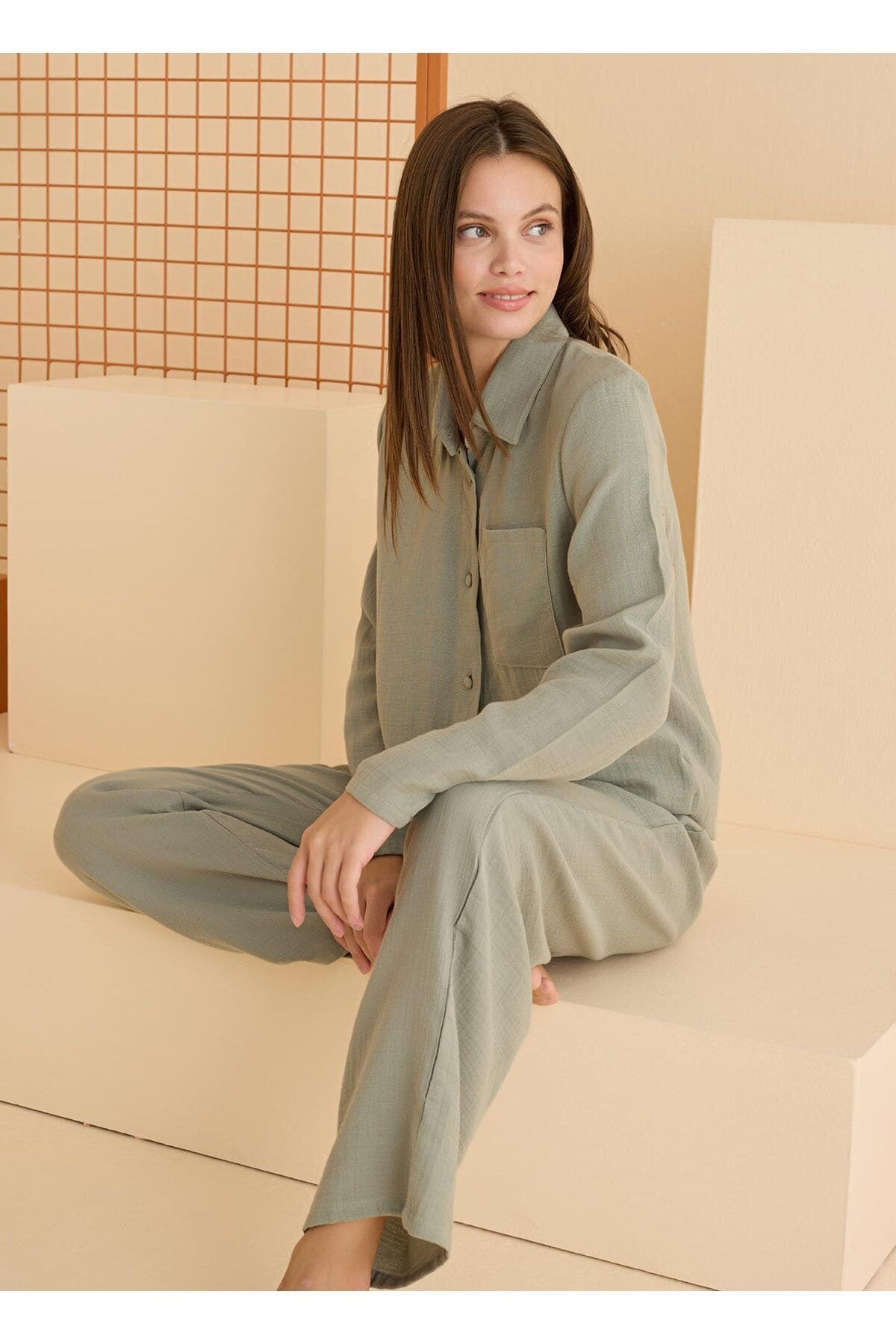 NBB Müslin Önden Düğmeli Kadın Pijama Takım Haki NBB 68084