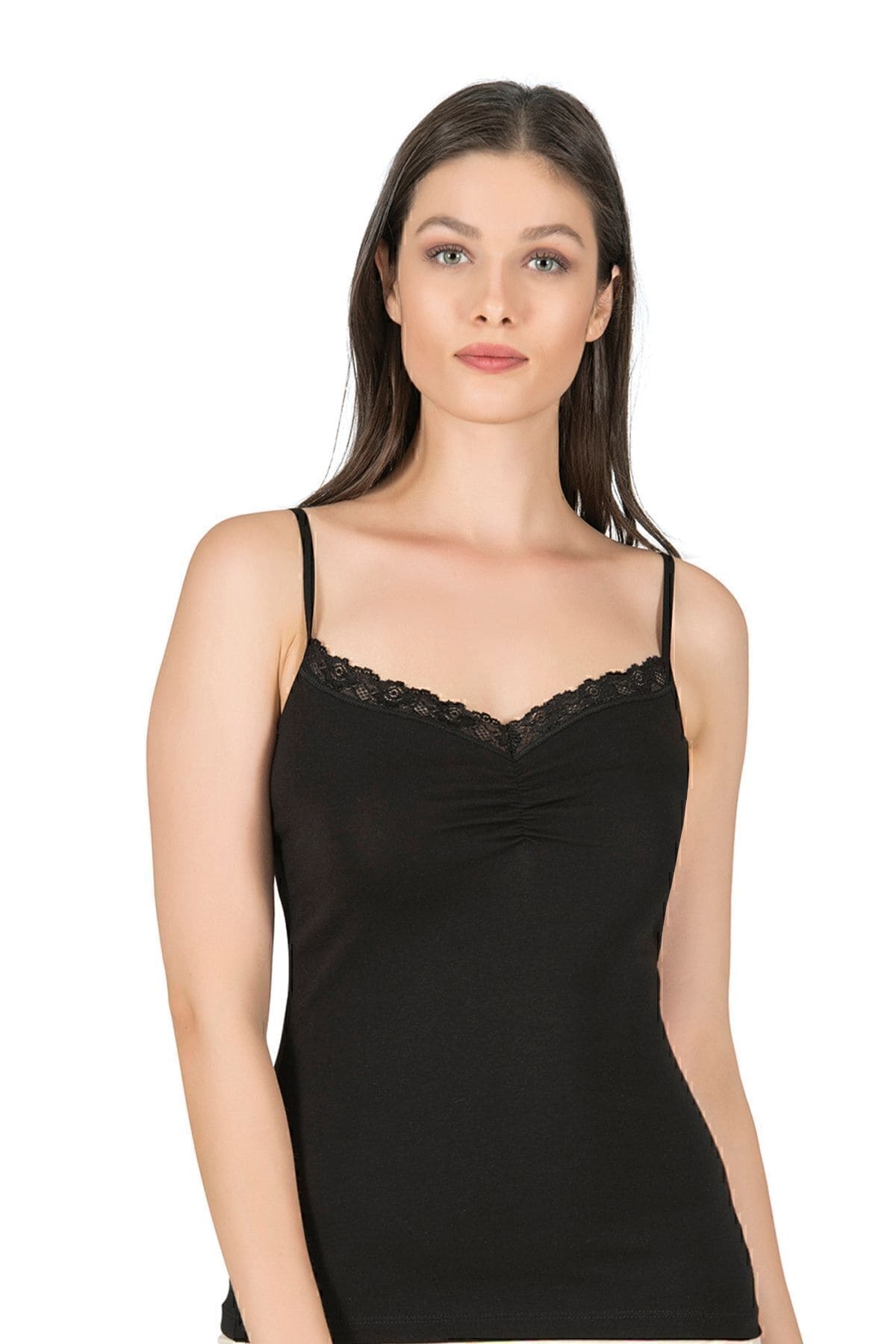 Önü Büzgülü Dantelli Pamuklu İp Askılı Kadın Atlet Özkan 3167 - Siyah