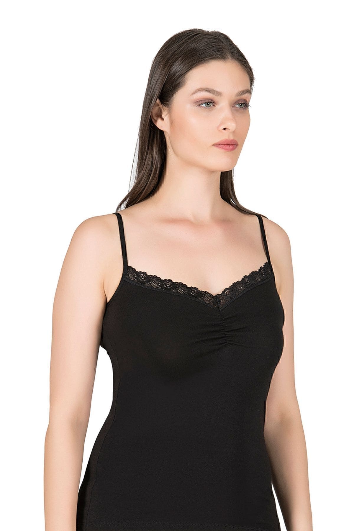 Önü Büzgülü Dantelli Pamuklu İp Askılı Kadın Atlet Özkan 3167 - Siyah